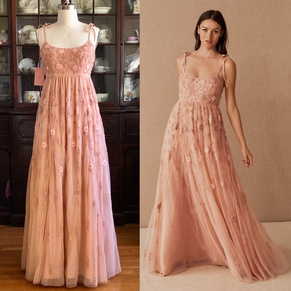 Anthropologie BHLDN Lacie Gown - Peach Tulle Embroidered Maxi Dress